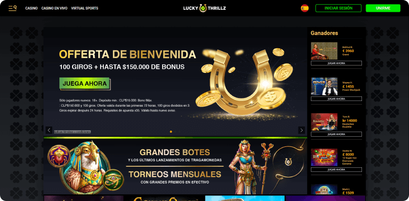 Página de inicio en Lucky Thrillz Casino Online en Chile