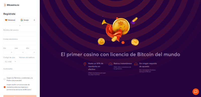 Registro Formulario - Bitcasino.io Online en Chile