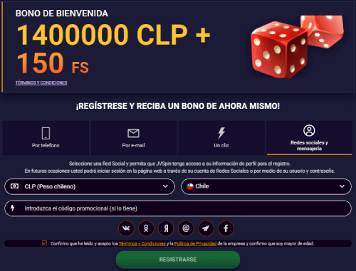 JVSpin Casino Online Chile - Registro Redes Sociales